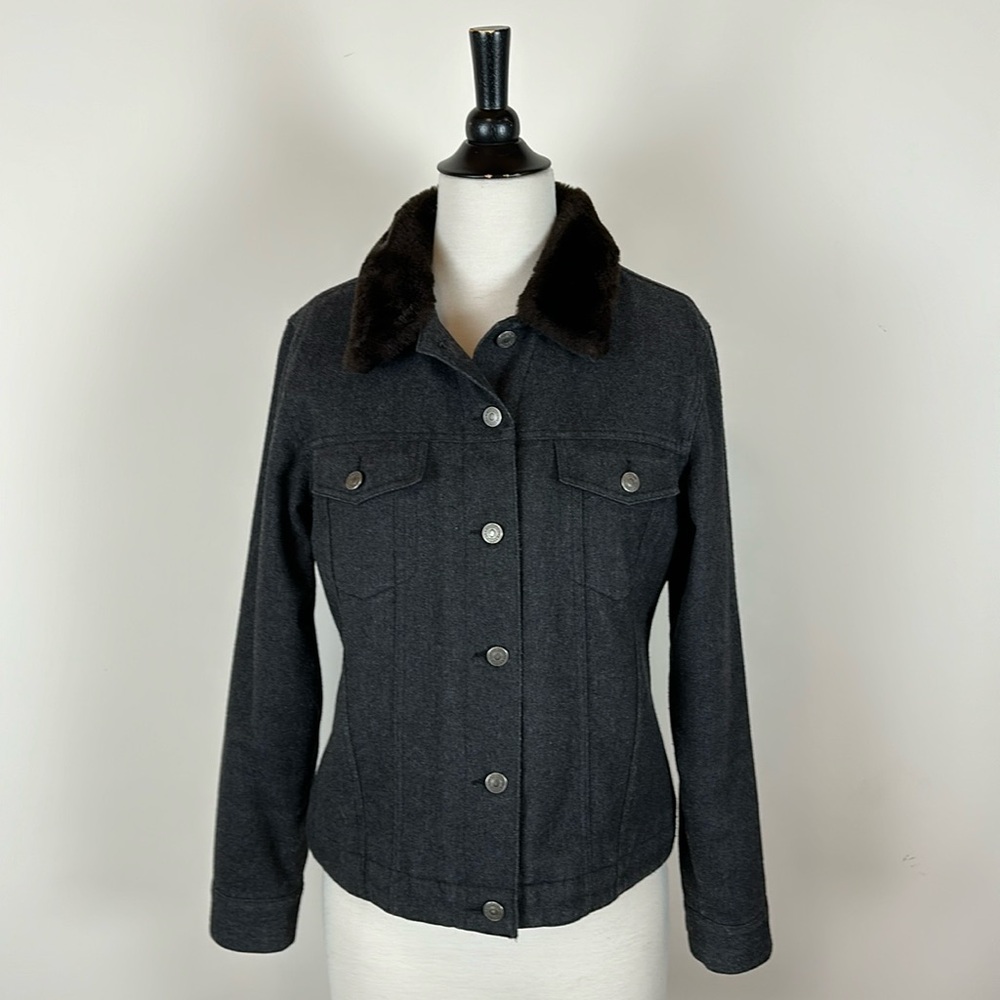 Vtg GAP grey wool workwear jacket with brown faux fur collar, size Medium